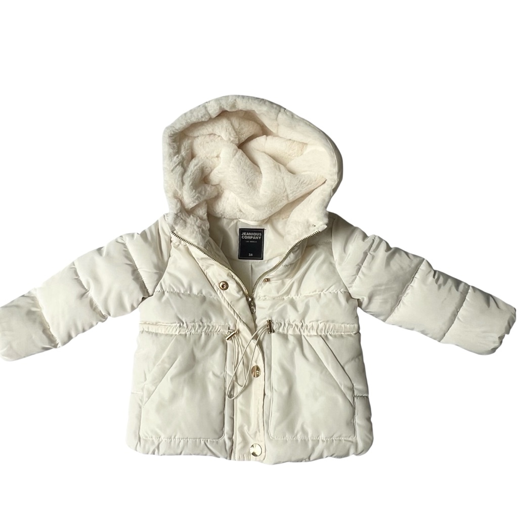 Jeanious Company Size 3 3a Puffer Coat Faux Fur Hood Cream